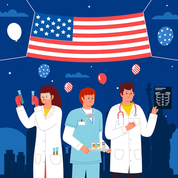 Illustration depicting doctors wearing white coats and holding medical tools, with a US flag overhead.