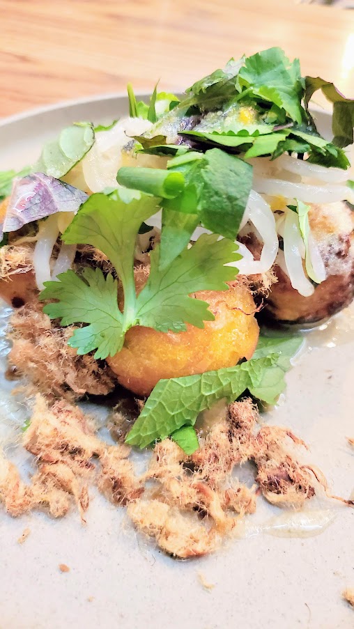 Sunshine Noodles with Diane Lam - a pop up that previews the upcoming Revelry Noodle Bar coming in 2020 - Turmeric Pancake Bites, stuffed with shrimp and topped with pork floss and passion fruit nuoc maam