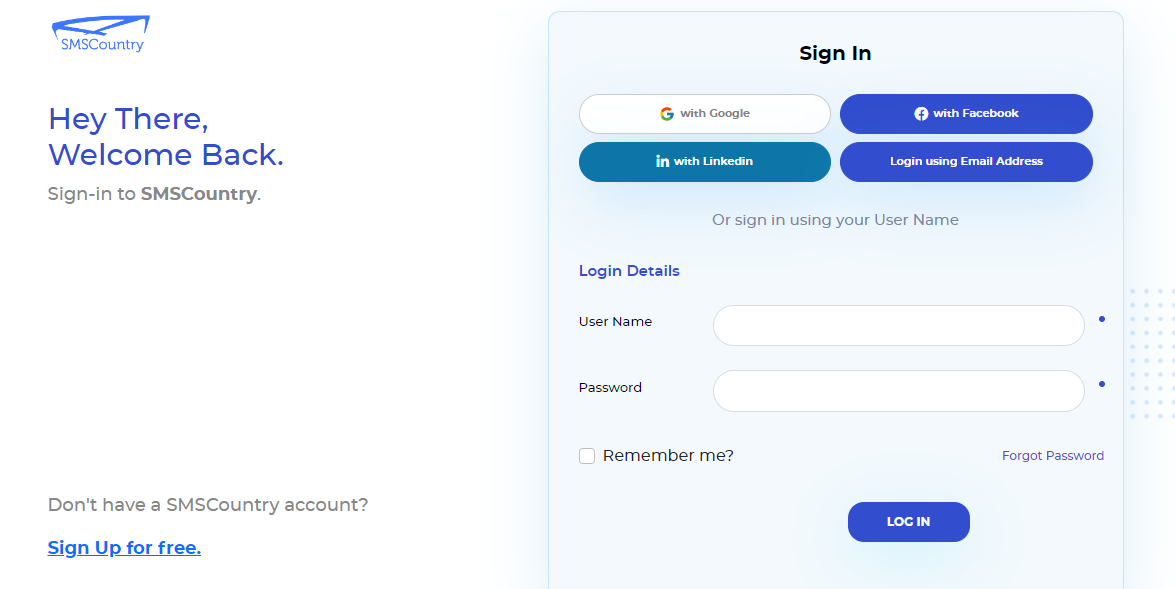 SMSCountry login webpage