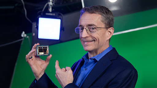 Intel CEO Pat Gelsinger shows off Ponte Vecchio, Intel's first exascale graphics processing unit, during the recording of the “Intel Unleashed: Engineering the Future” webcast.