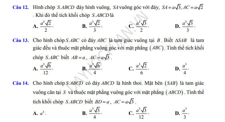 Bài tập Thể tích khối đa diện 12 dayhoctoan.vn