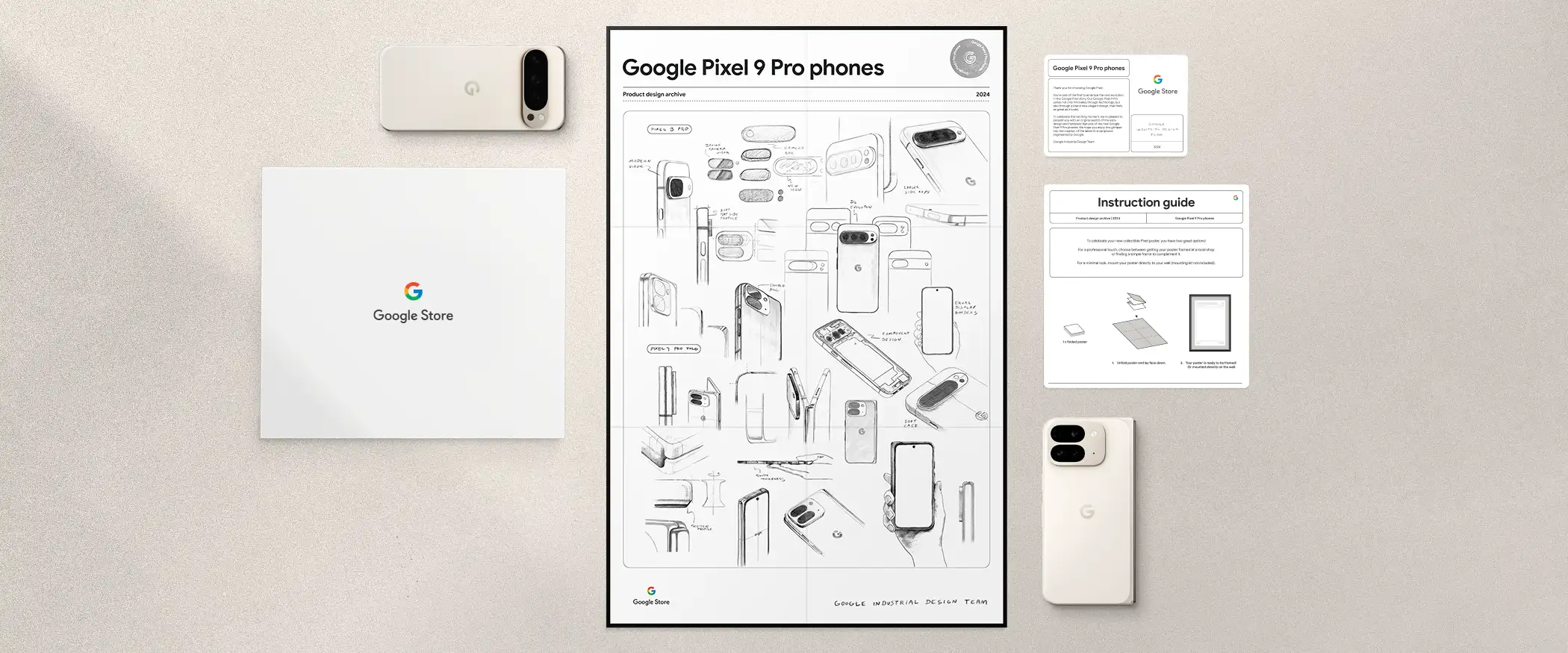 Flatlay shot of the Pixel 9 Pro phone collectible poster with handwritten notes from the Google Industrial Design team as part of a gift with purchase of a Pixel 9 Pro phone for a limited time till 7 November. While stocks last.