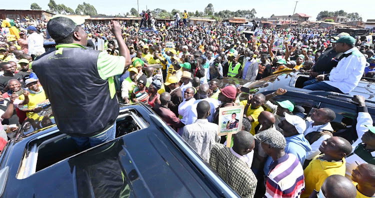 Deputy President William Ruto, ANC party leader Musalia Mudavadi and Ford Kenya leader Moses Wetangula during the Kenya Kwanza rally in Kakamega county on February 8, 2022.