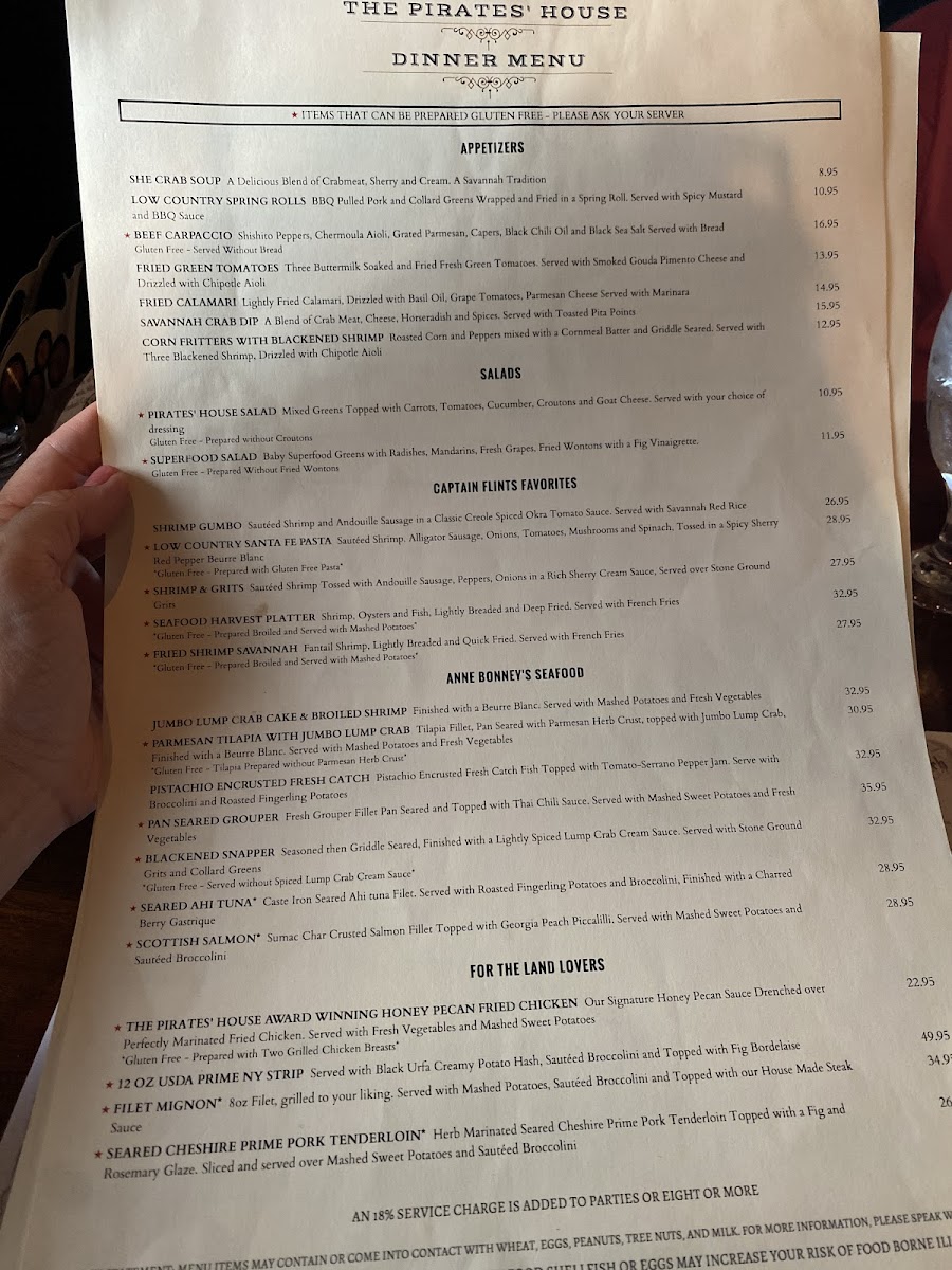 The Pirates' House gluten-free menu