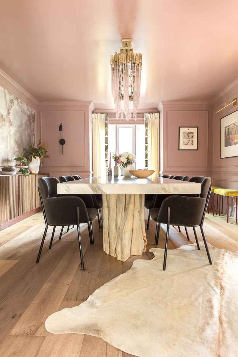 Elegant dining room painted in Farrow and Ball Sulking Room Pink