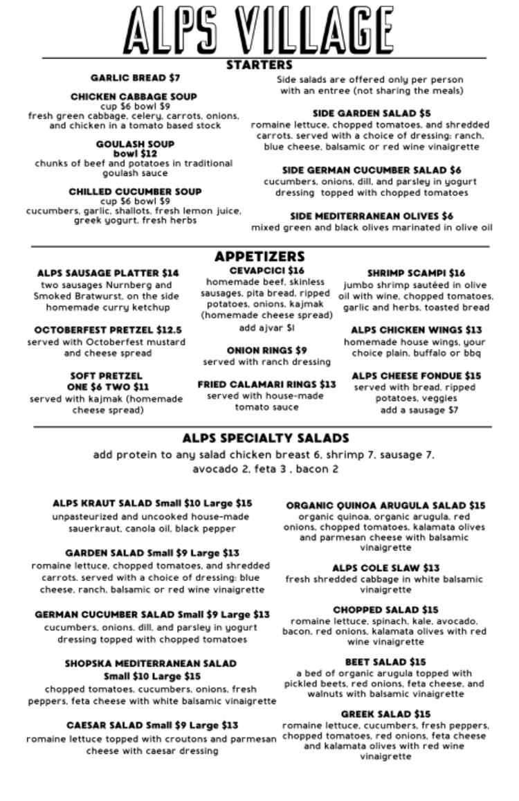 Alps Village gluten-free menu