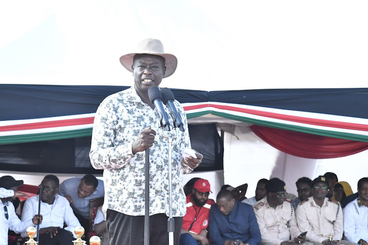 Deputy President Rigathi Gachagua speaking in Garissa when he visited to condole families affected by flooding in the area