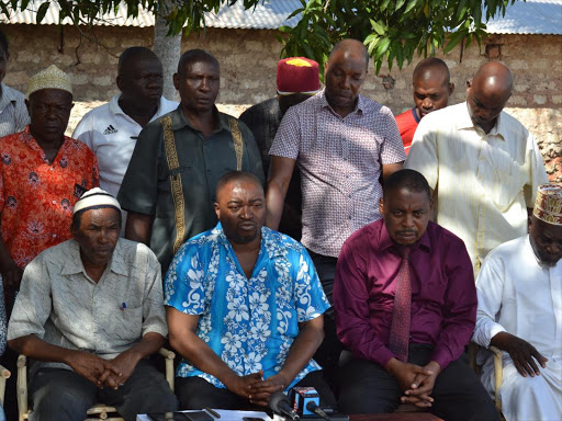 NASA leaders and imams address the press on Wednesday after visiting governor aspirant Nicholas Zani (in blue) in Kwale / ALLOYS MUSYOKA