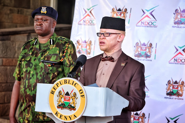 Government Spokesman Isaac Mwaura issues an update on emergency response at the National El Nino Emergency and Response Command Centre at Nyayo House on December 1, 2023.