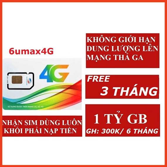 Sim Viettel 4G 6Uamax4G Free 6 Tháng +St60N Free 1 Tháng + V120N Free 1 Tháng Data +Gọi Sim 4G 1 Năm/ Umax50N