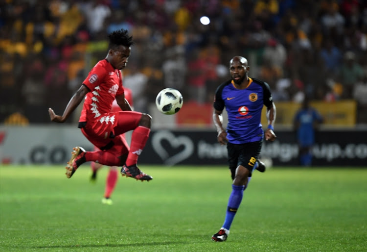 Thabo Motlafi of Highlands Park in action with Ramahlwe Maphlelwe of Kaizer Chiefs during the Absa Premiership match between Highlands Park and Kaizer Chiefs at Makhulong Stadium on October 02, 2018 in Johannesburg, South Africa.