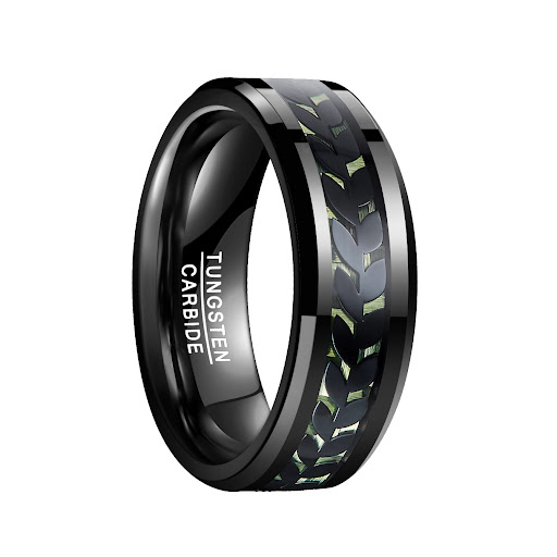 Title 4, 8mm Wide Inlaid Leaves Pattern Green Carbon Fib...