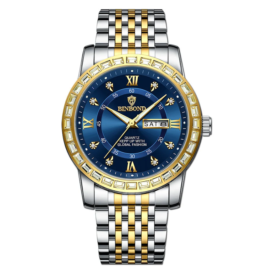 Business mechanisch horloge met diamanten, dubbele kalender, waterdicht en lichtgevend. Stijlvol en functioneel voor de professionele man.
