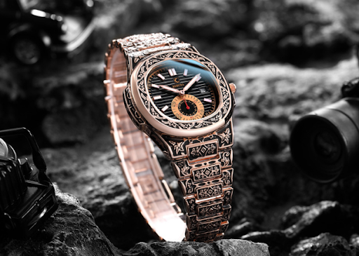 Title 6, Rose Carved Steel Band Quartz Watch. Embrace ti...