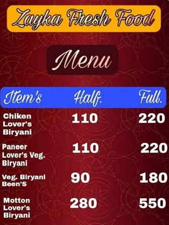 Zayka Fresh Food menu 