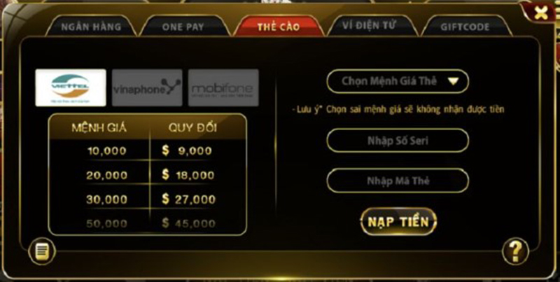 Nạp tiền vào tài khoản game Go88 qua thẻ cào điện thoại