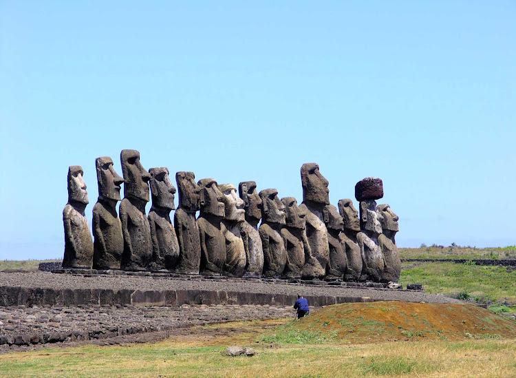 The famed row of 15 moai statues on Easter Island. 