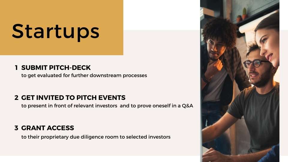 Startups submit their pitch deck, get invited to pitch events and grant access to their due diligence room to selected investors