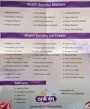 Khatri Bandhu Pot Ice Cream And Mastani menu 