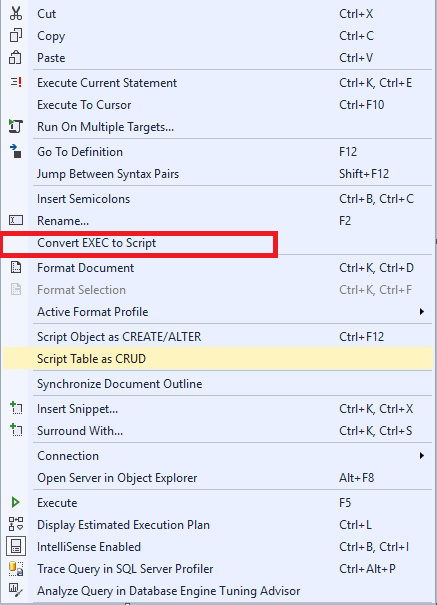 Selecting the “Convert EXEC to Script” command in the SQL Complete main menu 