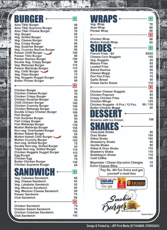 Smokin Burger menu 