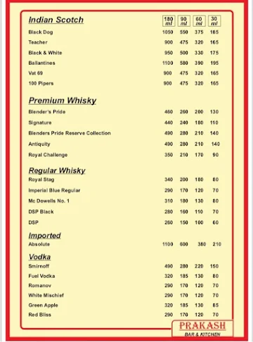 Prakash Bar and Kitchen menu 