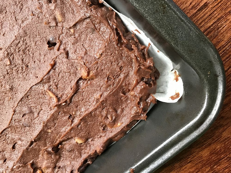 This is the gluten-free butter-bean chocolate brownie mix just before going into the oven