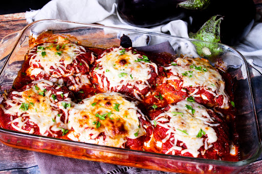 Eggplant Parmesan baked until the cheese is melted.