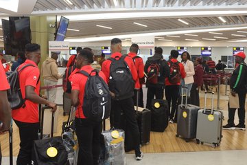 Harambee Stars players at the Jomo Kenyatta International Airport.