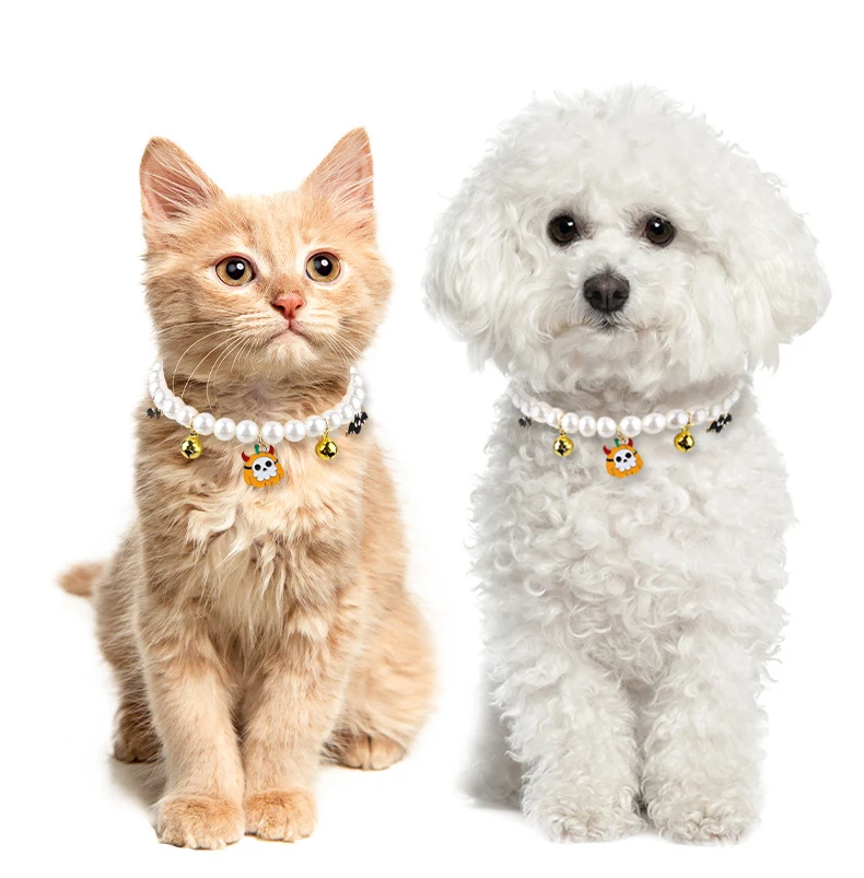 3 collares de perlas para mascotas Decoración de Halloween Collar para gatos y perros pequeños Adorno con cascabel para el cuello