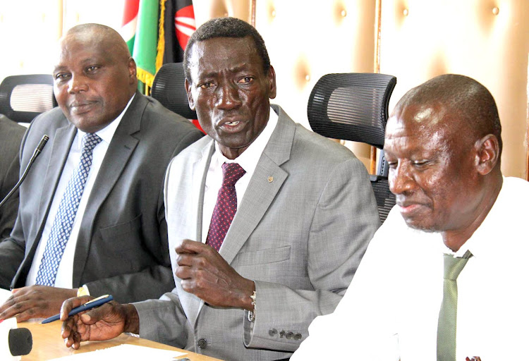 Knut chairman Patrick Karinga, secretary general Collins Oyuu and deputy secretary general Hesbon Agola during a press briefing at their offices, Nairobi on February 6, 2024/LEAH MUKANGAI