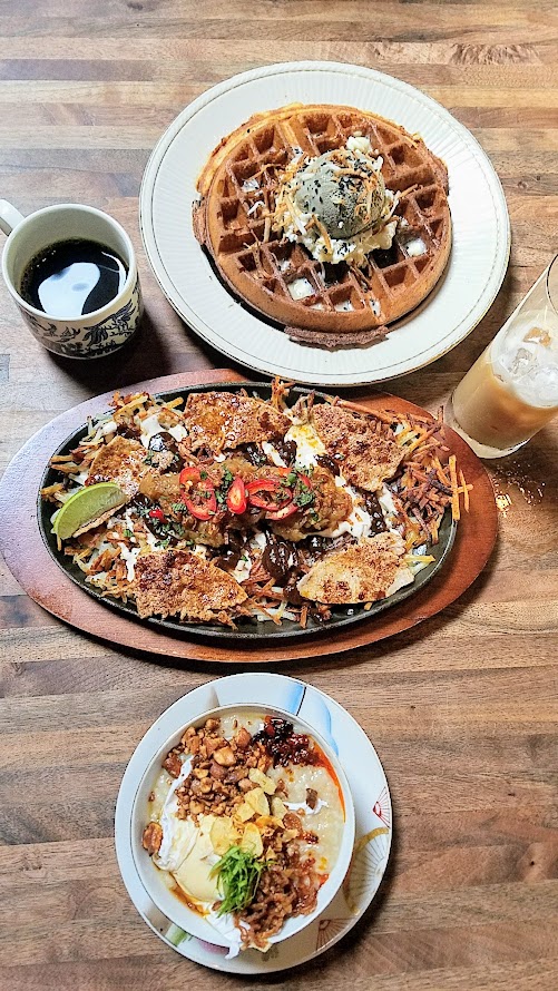 Expatriate Brunch, Rice Waffle with Black Sesame Ice Cream, Smothered and Covered Expatriate Hash Browns and Expatriate Congee