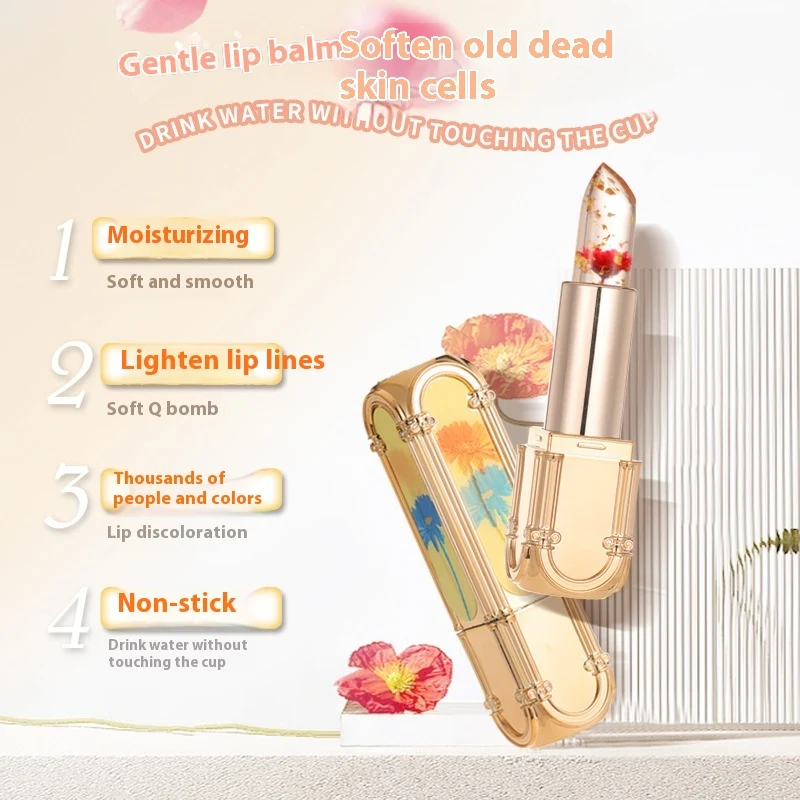Batom Feminino Jelly Warm Flower Square Tube, hidrata e colore os lábios, sensação suave e visual encantador.