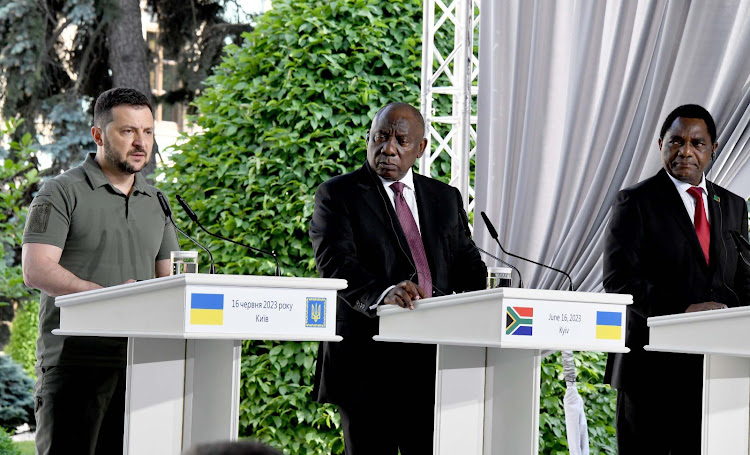 Ukraine president Volodymyr Zelenskyy (left) during a joint press briefing with the African leaders Kyiv, Ukraine on June 17, 2023.