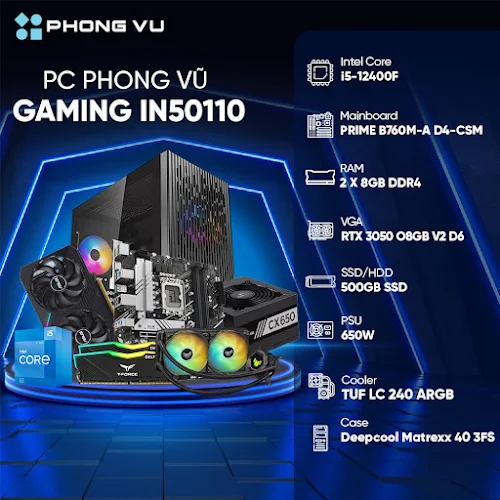 Máy tính để bàn/PC Phong Vũ Gaming IN50110 (Intel Core i5-12400F/2x8GB/500GB SSD/Nvidia GeForce RTX 3050/Free DOS)