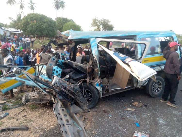 The wreckage of a Nissan involved in a road accident at Tiwi Mabriva in Matuga on October 8,