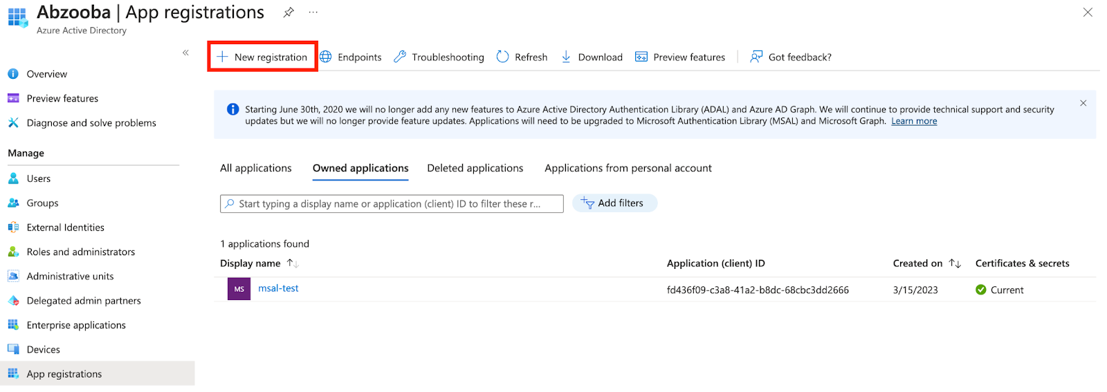Azure Active Directory App registrations overview page with a 'New registration' button and a list of applications, including one named 'msal-test'.