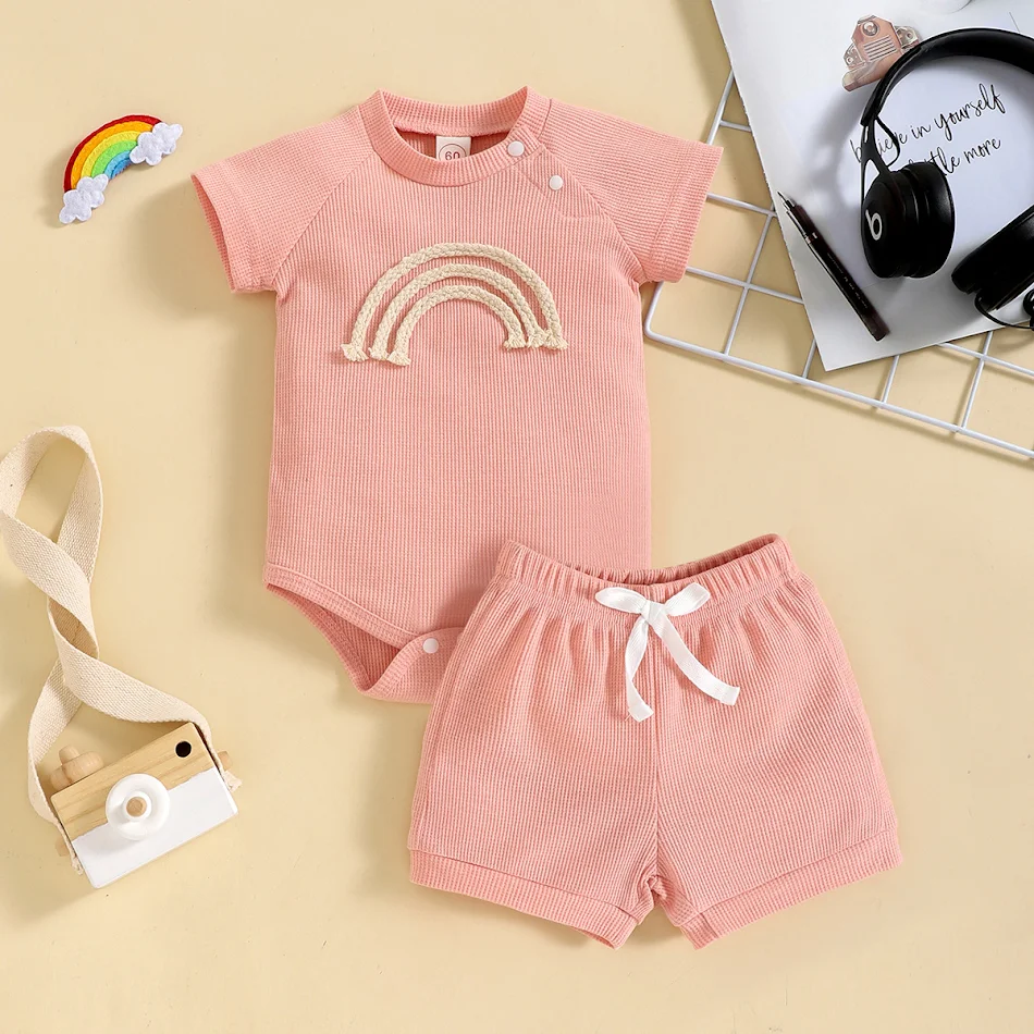 Conjunto para bebé con body y shorts de gofre arcoíris, cuatro colores, botones laterales, manga corta, suave y cómodo.