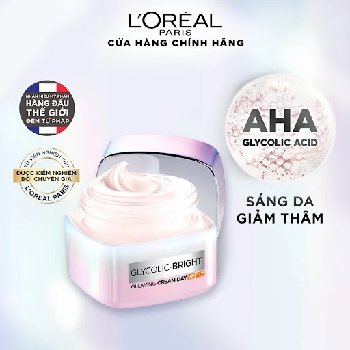 Kem ngày dưỡng sáng mờ thâm nám L'Oreal Paris Glycolic (AHA) Bright SPF 17 50ml