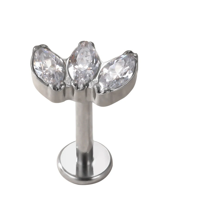 Ornamento corporal de titânio G23 com 3 olhos de cavalo e zircônia, ideal para piercings e unhas, hipoalergênico e charmoso.