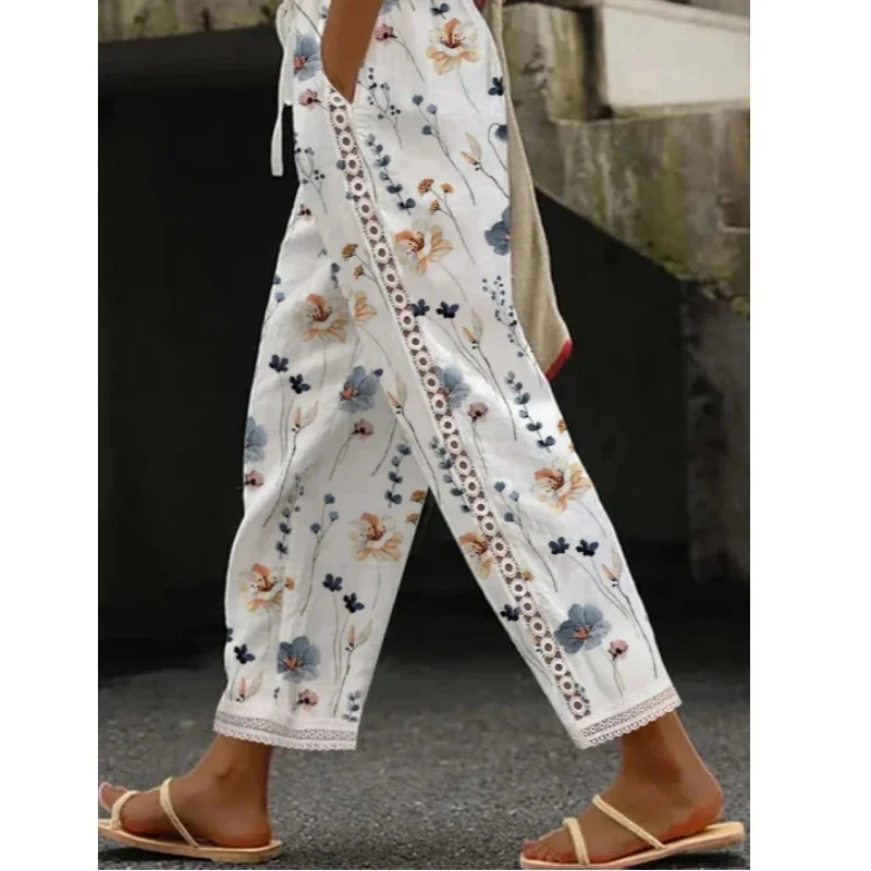 Printed Lace Stitching Straight-leg Pants Sweet Casual Pants Enjoy comfort and style with these straight-leg pants, perf