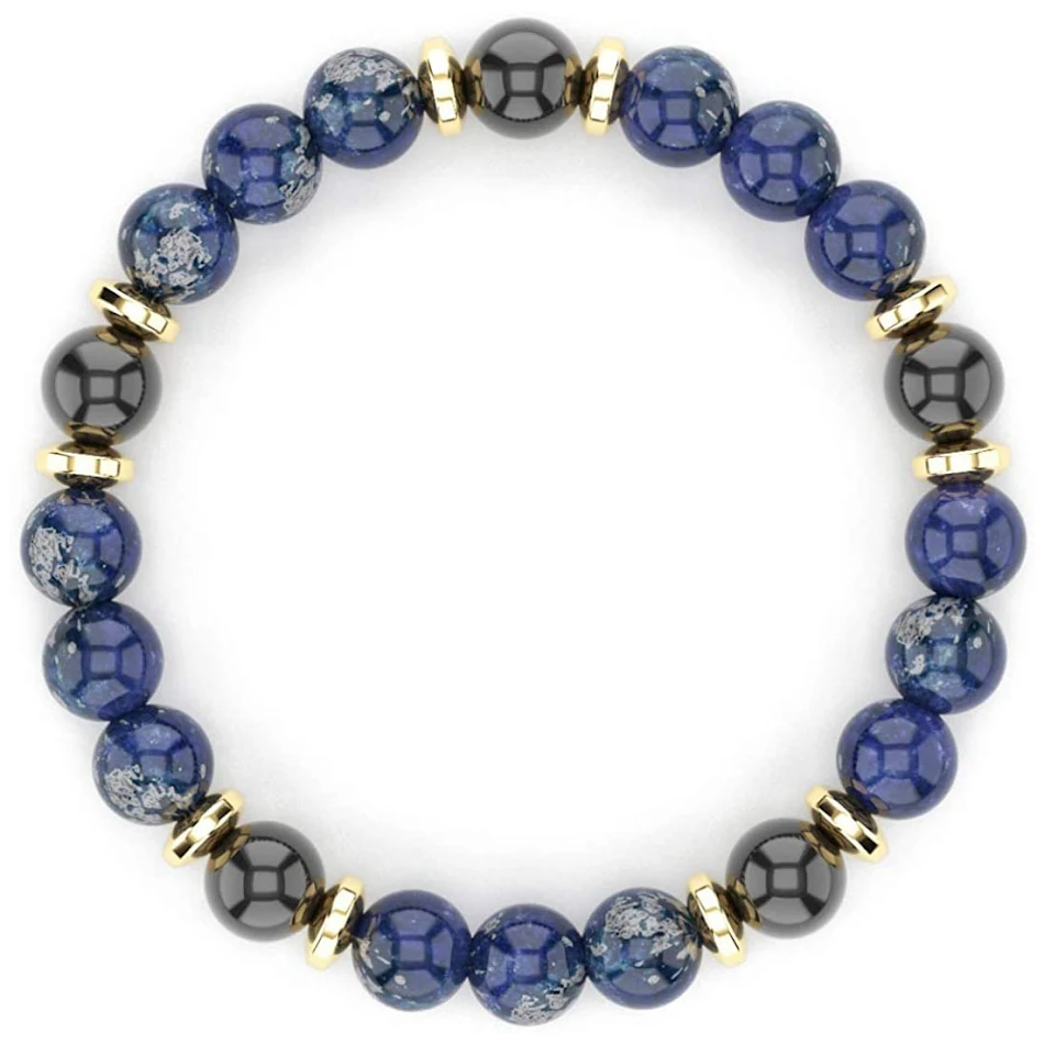 Bracelet unisexe lapis-lazuli, agate noire et mousseline, élégance et équilibre. Un accessoire parfait pour homme et femme.