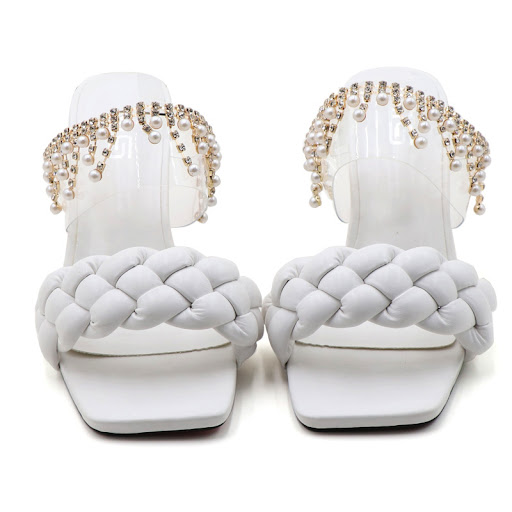 Title 4, Black chunky woven one-line high-heeled sandals...