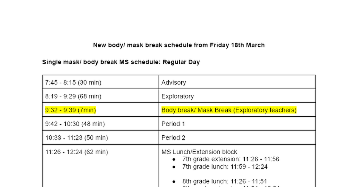 Single body/ mask break schedule March 2022