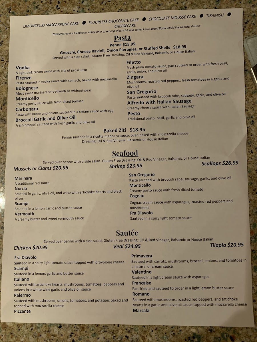 Palermo's gluten-free menu