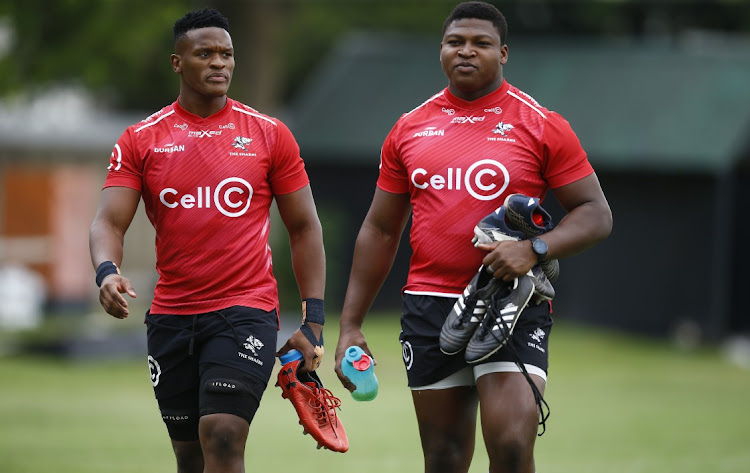 Sharks players Phepsi Buthelezi and Nthuthuko Mchunu during the training session at Kings Park on February 02, 2023.