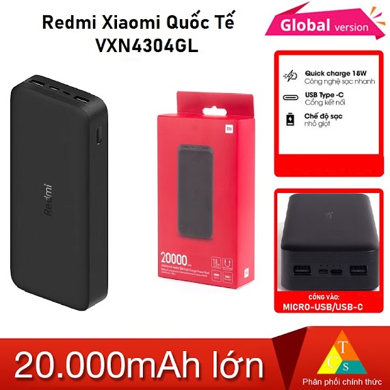 [Mã 99Elha Giảm 7% Đơn 300K] Pin Sạc Dự Phòng 20000Mah Xiaomi Redmi Vxn4304Gl