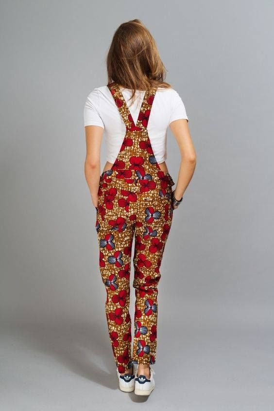 back view of a lady wearing ankara dungaree