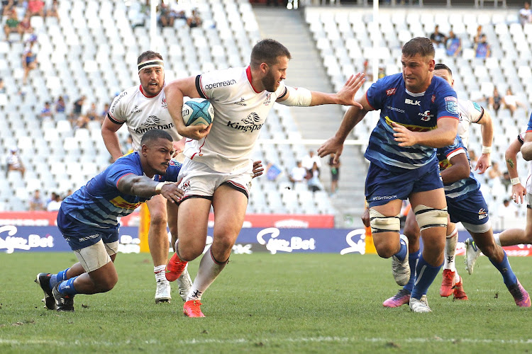 Stuart McCloskey of Ulster on the attack during their United Rugby Championship match against the Stormers at Cape Town Stadium.