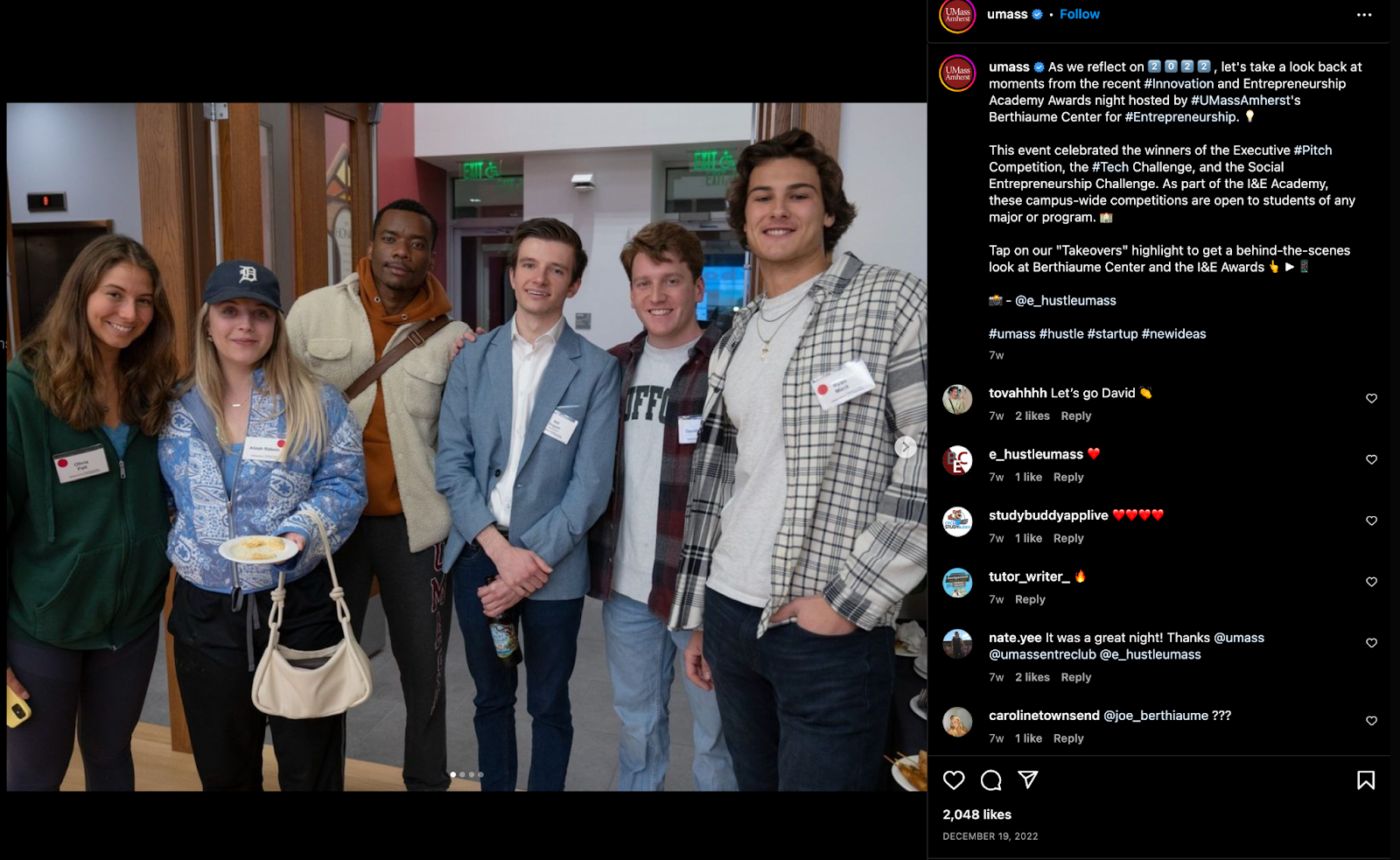 Screenshot showcasing students after the Innovation and Entrepreneurship event at UMass Amherst